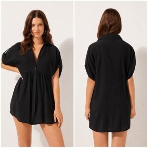 Calzedonia NWT Beach Black 100% Cotton Shirt Dress Cover Up M-L 0BDA154